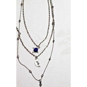 Boho celestial silver Y lariat necklace with layered moon and star charms, 12"